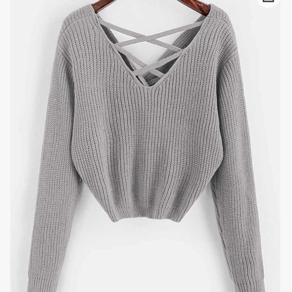 V neck twist back gray sweater criss cross front